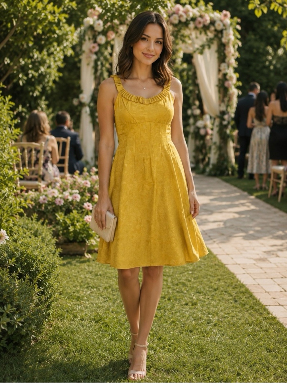 MAGGY LONDON Yellow Polka Dot Ruffle Neckline